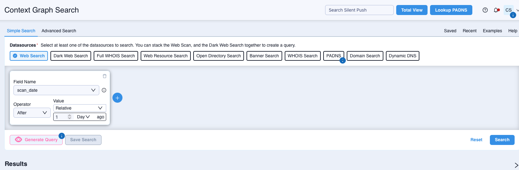 Context Graph Search interface showing data source selection and query generation options.